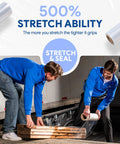 Two men using 18 Inch Plastic Stretch Film Roll 1200 Feet Offers 500 Percent Stretch Capacity And 3 Inch Smooth Core Heavy Duty Packing Supply.