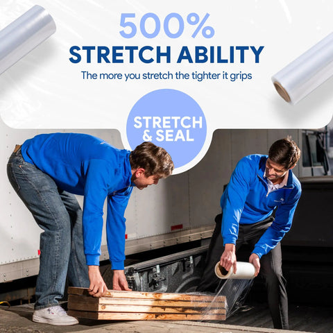Two men using 18 Inch Plastic Stretch Film Roll 1200 Feet Offers 500 Percent Stretch Capacity And 3 Inch Smooth Core Heavy Duty Packing Supply.