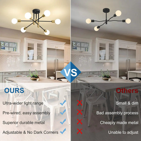 Kickass Modern Sputnik Chandelier Ceiling Light Fixture With Six Bulbs For Dining Rooms shown above dining table, featuring adjustable arms and matte black finish.