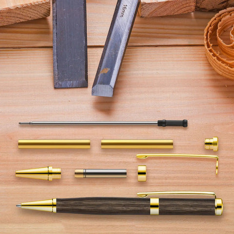 Slick 10 Piece Wood Turning Pen Kit With 7 Millimeter Slimline Twist Refills And Bold Assorted Colors for crafting detailed pen components.