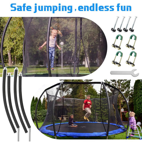 Dang Sturdy Trampoline Replacement Curved Net Poles With Plush Foam Sleeves Fits Eight To Sixteen Foot Frames Includes No Sweat Hardware Kit Wrench And Caps For A Sweet Family Backyard Bounce Upgrade with kids jumping.