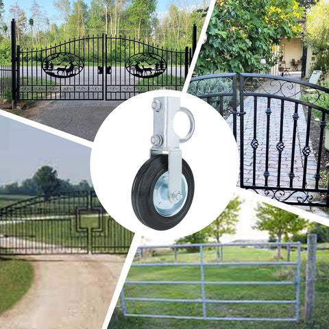 Built Tough Heavy Duty 6 Inch Gate Wheels for Metal Tube Gates, 2 Pack, displayed with various gate styles.