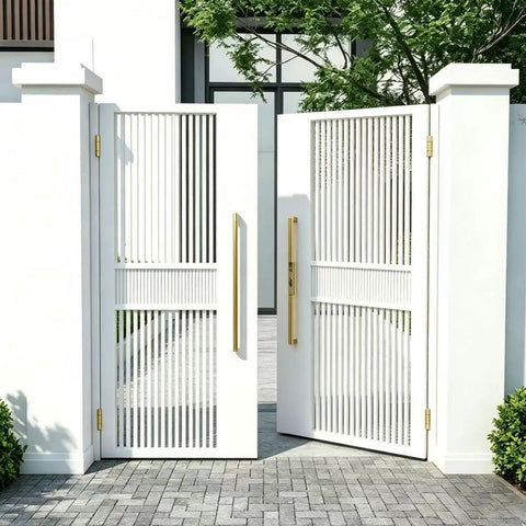 Built Tough 4 Pack Heavy Duty Satin Brass Hinges In Stainless Steel Four Inch Size Satin Gold Finish installed on outdoor gates