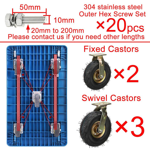 Rock Solid Five Pack Heavy Duty Industrial Caster Wheels With Silent Pneumatic Rubber Tires And Rust Resistant Steel Base visual with fixed and swivel casters.