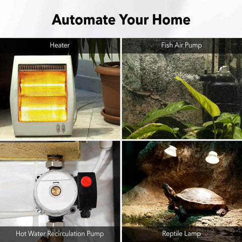 Collage showing applications of Repeat Cycle Intermittent Timer for Auto On Off in home automation, including heater and pumps.
