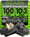 30 Amp RV Power Cord 100 Ft Heavy Duty Waterproof TT-30P To TT-30R Extension Cable For Campers And Travel Trailers Reaches Any Pedestal At Campgrounds No Adapters Needed, green cord and plugs
