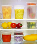Refrigerator filled with 50 Pack 16 Oz Clear Plastic Deli Containers With Lids For Grab And Go Meal Prep, Airtight Leakproof Food Storage