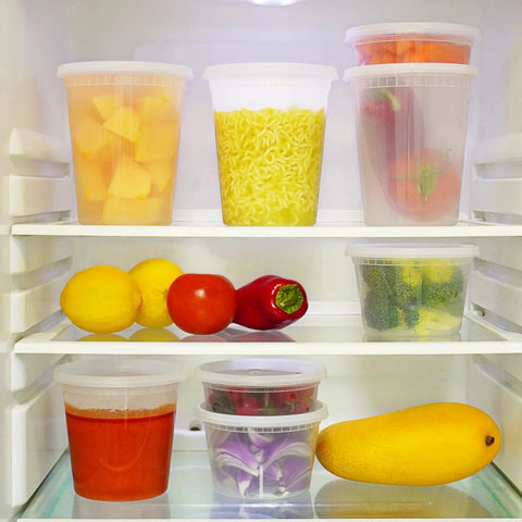 Refrigerator filled with 50 Pack 16 Oz Clear Plastic Deli Containers With Lids For Grab And Go Meal Prep, Airtight Leakproof Food Storage