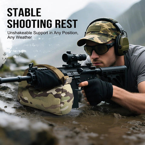 Shooter using Pre-Filled Shooting Rest Bag For Front And Rear Gun Support Durable 500D Cordura Nylon at outdoor range