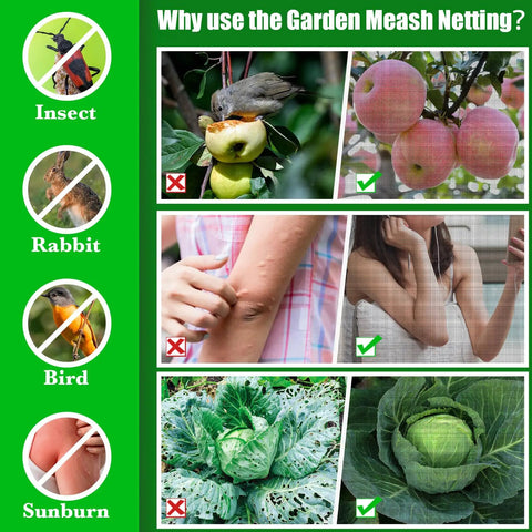 Infographic showing benefits of "Heavy Duty Garden Mesh Netting 9.8 X 16.4 Ft With Upgraded PPT Nano Material, Tear Resistant And UV Stable"