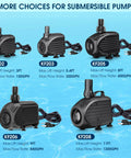 Variety of submersible pumps including KF206 Submersible Water Pump 880GPH 60W Ultra Quiet Fountain Pump With Dry Burn Protection 9Ft Lift