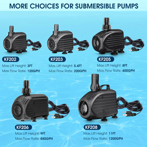 Variety of submersible pumps including KF206 Submersible Water Pump 880GPH 60W Ultra Quiet Fountain Pump With Dry Burn Protection 9Ft Lift
