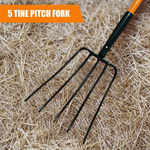 Heavy Duty Garden Pitch Fork With 5 Tines And Fiberglass Handle 58 Inches One Piece High Carbon Steel Head Rust Resistant Coating