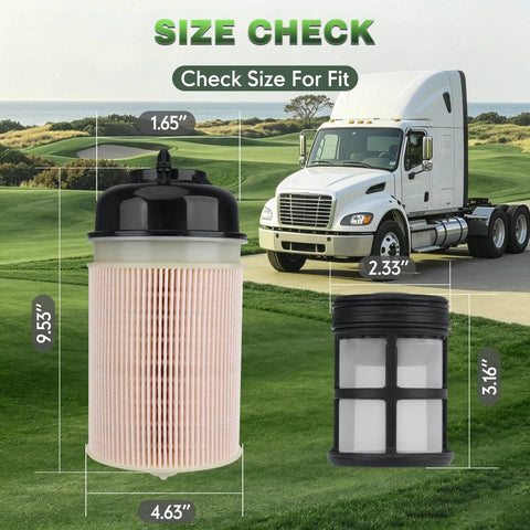 Premium Heavy Duty Engine Air Filter For 2013-2019 Freightliner Cascadia showing dimensions: 9.53", 4.63", 1.65", 2.33", 3.16".