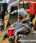 44 Piece 2 Inch Sanding Discs Set with Quick Change Holder shown in use with air drill, screwdriver, and roloc grinder.