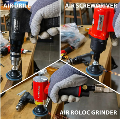 44 Piece 2 Inch Sanding Discs Set with Quick Change Holder shown in use with air drill, screwdriver, and roloc grinder.