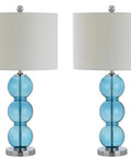 Sky Blue And Chrome Triple Sphere Glass Table Lamps Set Of 2 With White Linen Shades, Modern Bedside And Living Room Lighting For Home Office