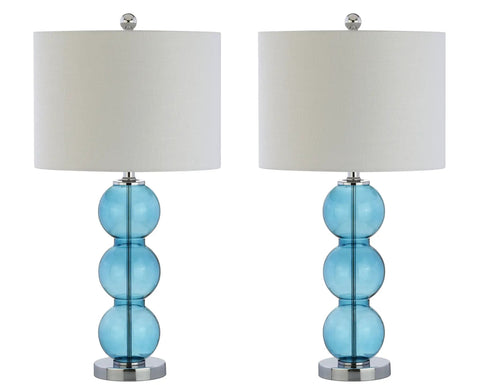 Sky Blue And Chrome Triple Sphere Glass Table Lamps Set Of 2 With White Linen Shades, Modern Bedside And Living Room Lighting For Home Office