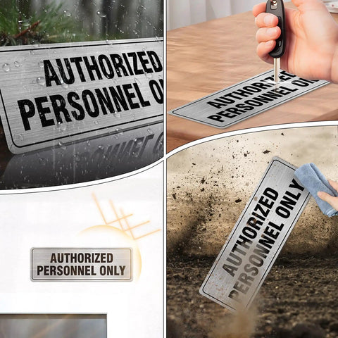 Aluminum Door Sign 9x3 Inches Self Adhesive Waterproof Office Sign For Authorized Personnel Only No Nonsense Durable Metal Wall Sign For Doors Glass And Walls 4 Pack displayed in various settings.