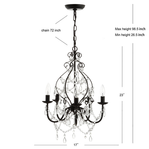 Black 17 Inch 5 Light Crystal And Metal Chandelier With Traditional Cascading Beads Adjustable Chain For Dining Room Or Entryway UL Listed Energy Saving LED Bulbs Included