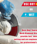 Worker using Boss Hog Supreme Mesh Turbo 7 Inch Diamond Saw Blade 5/8 Inch Arbor Wet Or Dry Cut for Porcelain Tile.