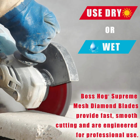 Worker using Boss Hog Supreme Mesh Turbo 7 Inch Diamond Saw Blade 5/8 Inch Arbor Wet Or Dry Cut for Porcelain Tile.