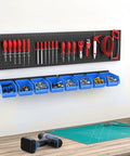 Wall Mounted Tool Organizer Bins With 8 Plastic Bins And 2 Metal Tracks For Garage And Craft Room Storage Visual Labels For Nuts Bolts Screws Easy Access And Neat Workspace In A Busy Shop Blue