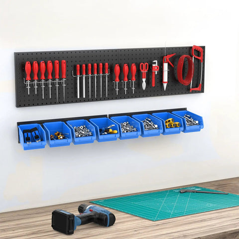Wall Mounted Tool Organizer Bins With 8 Plastic Bins And 2 Metal Tracks For Garage And Craft Room Storage Visual Labels For Nuts Bolts Screws Easy Access And Neat Workspace In A Busy Shop Blue