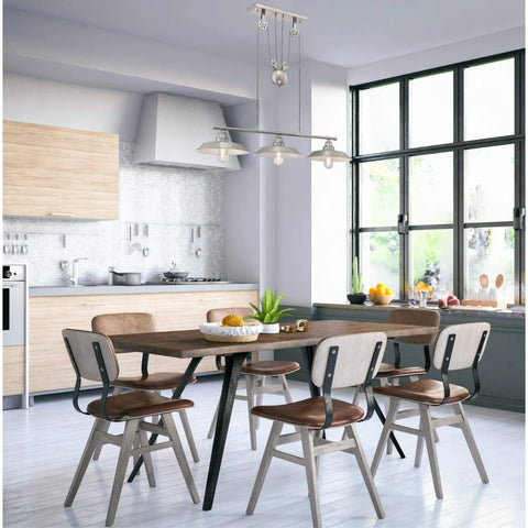 Industrial Vintage Three-Light Island Pendant With Pulley Ceiling Light, Brushed Nickel Finish in modern kitchen setting