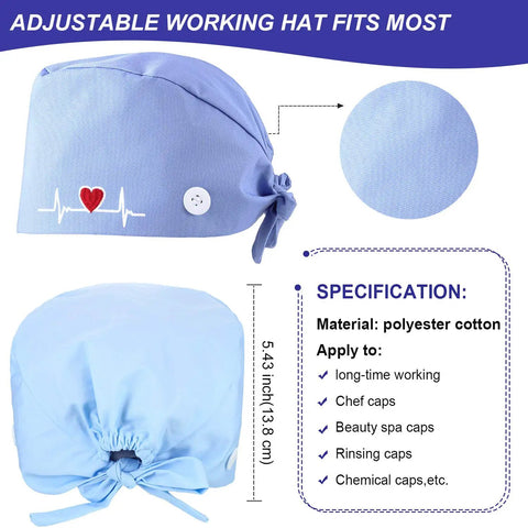 Diagram of blue bouffant scrub cap with heart design and button, 12 Pack Bouffant Scrub Caps Unisex Adjustable Button Hats With Sweatbands Gourd Shaped Nursing Surgical Cap For Women And Men Multicolor Heart Edition Comfortable All Day Wear.