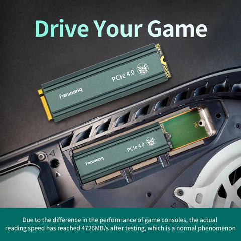 S660 PCIe Four Point Zero 1TB NVMe M2 SSD With Heatsink For PS5 visible next to an open gaming console slot