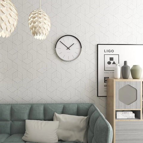 Living room with White And Silver Peel And Stick Wallpaper Modern Geometric Hexagon Pattern 17.7 In By 393 In Self Adhesive Removable Wall Covering