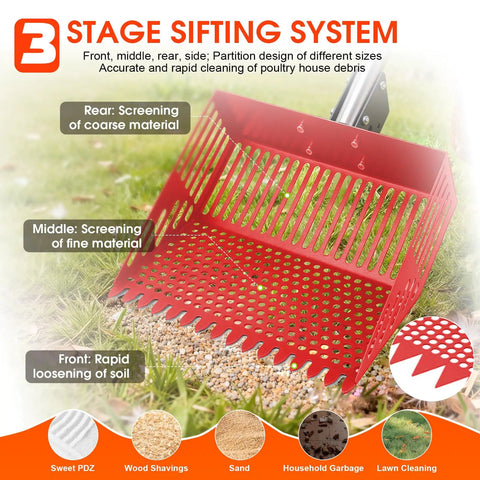 3-stage sifting system of 2-In-1 Chicken Poop Scooper And Rake with adjustable angle, detailing rear, middle, and front use.