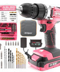 Pink Cordless Drill Set 18V With 18Nm Torque And 550 RPM Includes Driver Bit Set For Wood Steel Concrete Rechargeable 1500mAh Battery And Charger