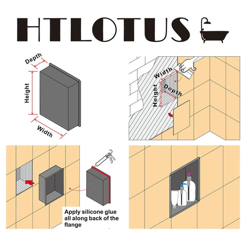 Installation guide for Stainless Steel Shower Niche In Wall Recessed Shower Shelf For Bathroom Storage 12.5 By 20.5 By 4.7 Inches Nano Anti Rust Coating No Tile Needed Easy Install, showing dimensions and placement on tiled wall.