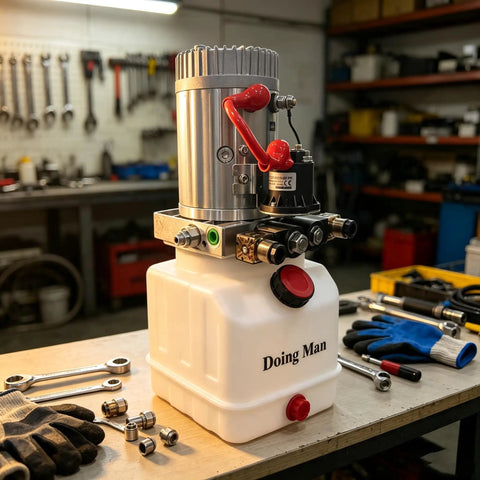 Doing Man Portable Hydraulic Power Unit With Plastic Oil Tank Industrial Pump Station with valve set and tools on workbench.