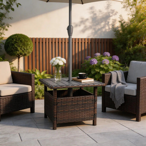 All Weather Outdoor Umbrella Stand Table With Two Weight Bags 22 Inch Wicker Side Table With Umbrella Hole Sturdy Rattan