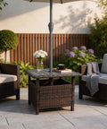 All Weather Wicker Patio Umbrella Stand Table 22 Inch Brown Rattan Garden Furniture Deck Poolside Organizer with chairs