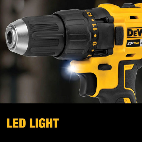 Close-up of 20V Max Cordless Drill And Impact Driver Combo Kit With Brushless Motors Compact 7.6 Inch Design showing LED light