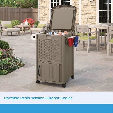 77 Quart Outdoor Patio Cooler With Wheels And Hinged Lid Wicker Look Resin With Built In Storage Basket And Cabinet For Easy Outdoor Entertaining Ready To Roll Weather Resistant Java Finish on patio