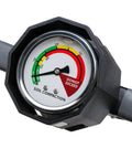 Soil Compaction Tester dial with PSI color scale, green 0-200 good, yellow 200-300 fair, red 300+ poor, mounted on handle