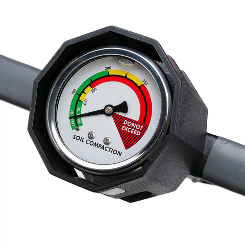Soil Compaction Tester dial with PSI color scale, green 0-200 good, yellow 200-300 fair, red 300+ poor, mounted on handle