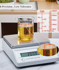 Borosilicate Glass Measuring Cup 1 Cup 8oz with Spout on scale, showing clear readouts and multi-scale markings for precise mixing.