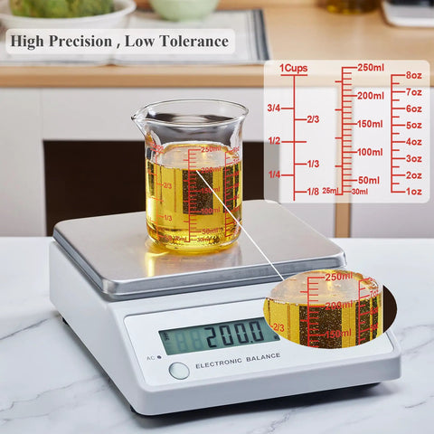 Borosilicate Glass Measuring Cup 1 Cup 8oz with Spout on scale, showing clear readouts and multi-scale markings for precise mixing.