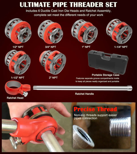 12R Manual Exposed Ratchet Pipe Threader Set With 6 NPT Die Heads From Half Inch To Two Inch Pipe Portable Tool Kit With Storage Case