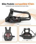 Dual Function SPD Bike Pedals With Toe Cages And Straps Nine Sixteenth Inch Alloy Spindle, front and side views, compatible with Peloton