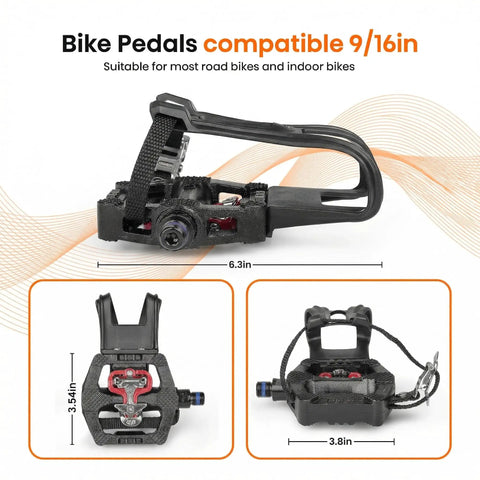 Dual Function SPD Bike Pedals With Toe Cages And Straps Nine Sixteenth Inch Alloy Spindle, front and side views, compatible with Peloton