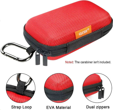 Small Red Rectangular Eva Case With Hella Tough Crush Proof Hard Shell And Smooth Zipper Mesh Pouch For Charger Cables Earbuds Memory Cards And Everyday Carry. Close-up of zippers and strap loop.