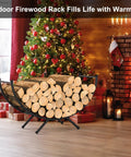 Beefy Heavy Duty Curved Firewood Rack 33 Inch Steel Log Holder in living room with decorated Christmas tree and fireplace
