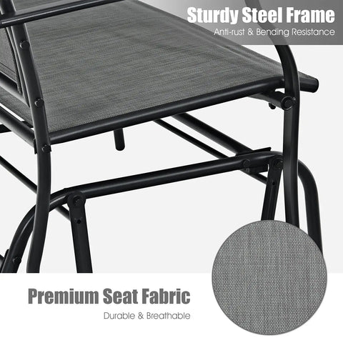Close-up of Outdoor Glider Bench For Patio And Backyard With Steel Frame That Handles 400 Lbs Two Person Loveseat Swing Rocker in Gray